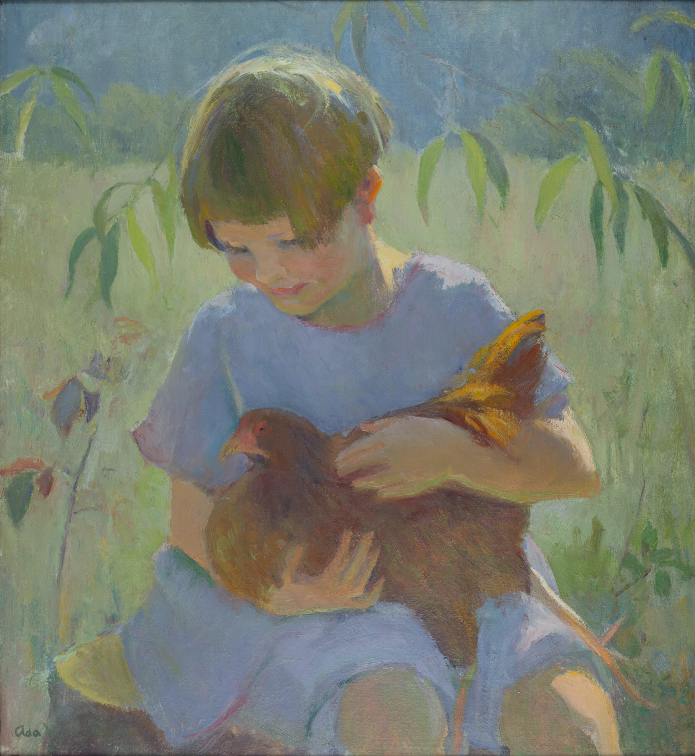 Impressionist painting. A child with short brown hair, dressed in blue summer clothes sits on a stump holding a red pullet hen. the background is green foliage.