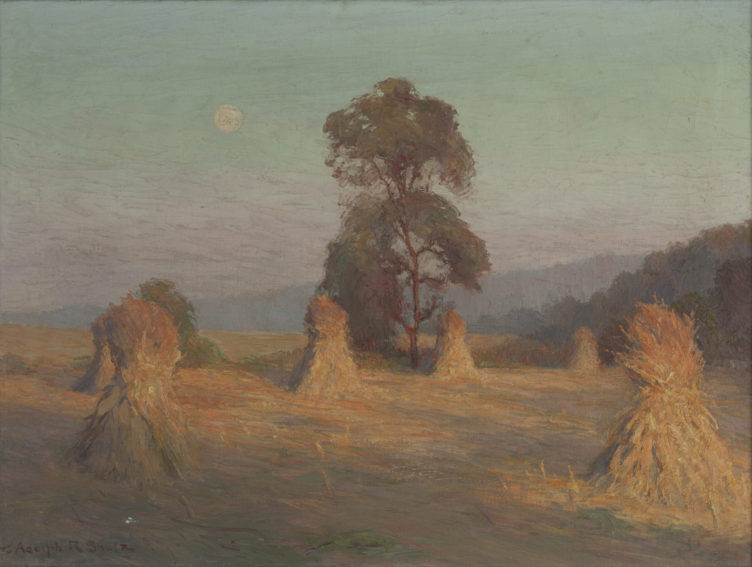 Impressionist style painting. The golden glow of sunset illuminates a fall field. Golden corn stalks are gathered in vertical clumps. The moon is seen in the sky. Green trees are seen on the horizon.