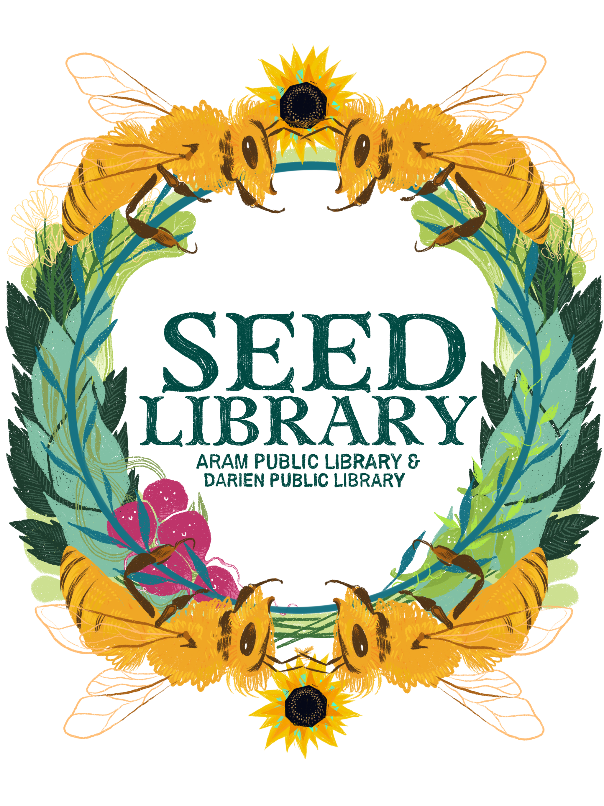 An illustrated wreath of green foliage, red berries, and yellow bees encircle the words, "Seed Library. Aram Public Library & Darien Public Library."