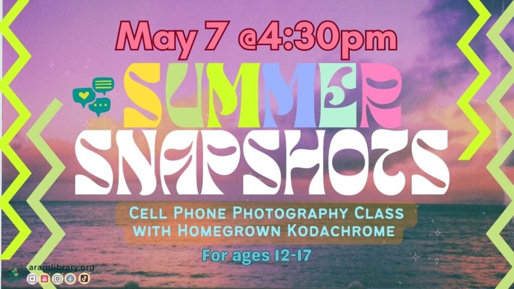 Summer Snapshots. May 7th @ 4:30pm.  Cell Phone Photography Class  with Homegrown Kodachrome. For ages 12-17. Image Description: Image of a large body of water with a pinkish tinted hue with varying colored shapes around the edges.