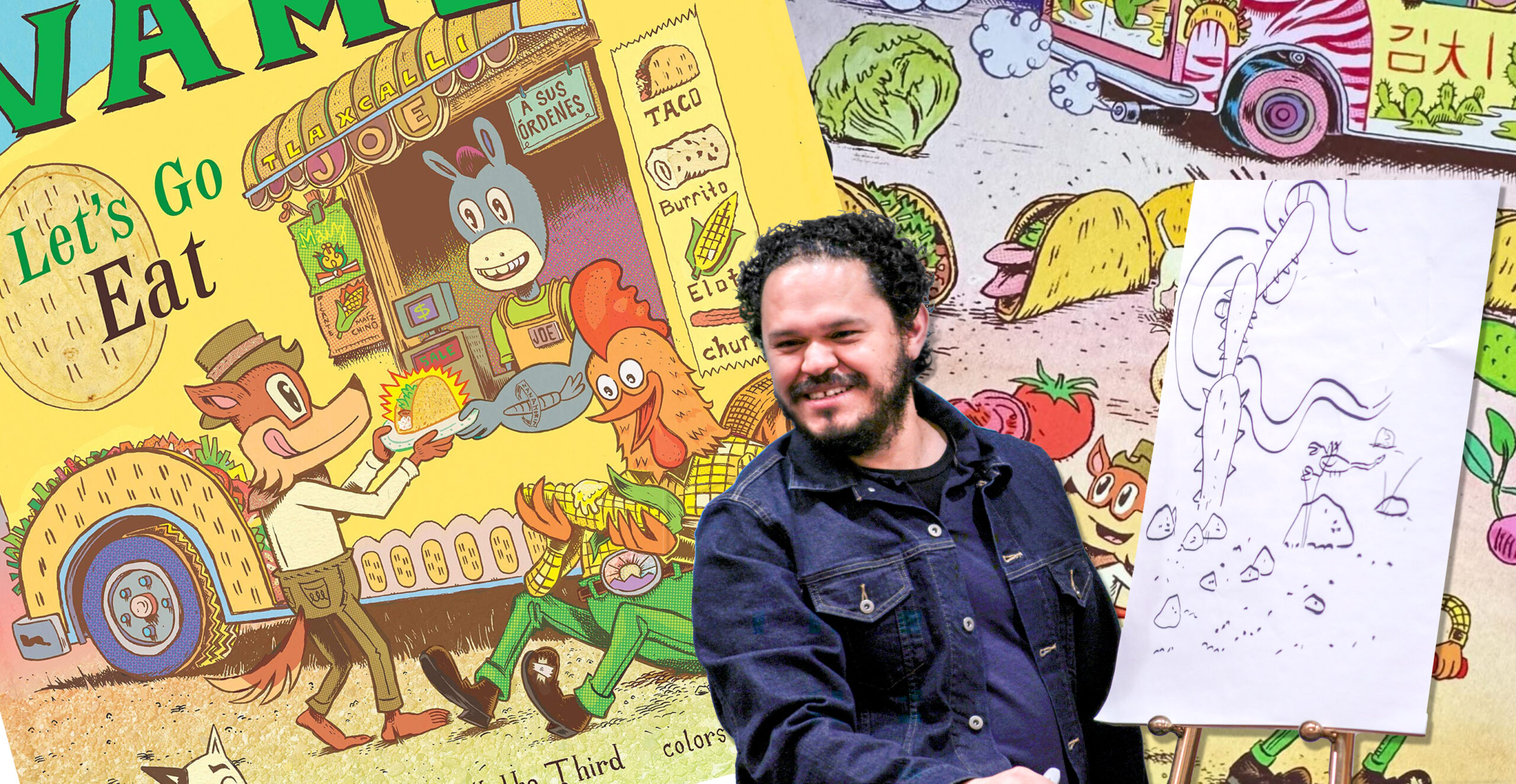 Photo of Raúl The Third, a New York Times bestselling and three-time Pura Belpre award-winning illustrator, author, and artist living in Boston. He is seated at an easel while drawing. Behind him is a collage of colorful artwork from his book, Vamos! Let’s go Eat.